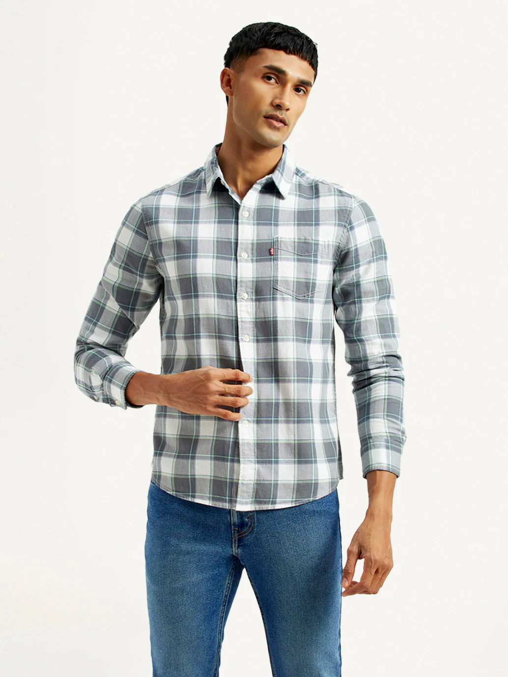 Men's Checkered Grey Slim Fit Shirt - Image 2