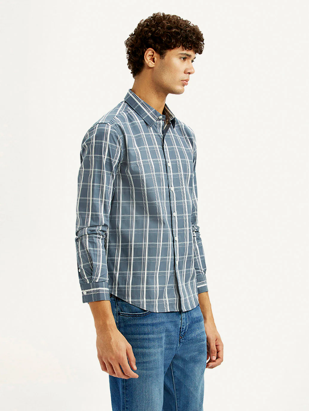 Men's Checkered Blue Slim Fit Shirt - Image 4