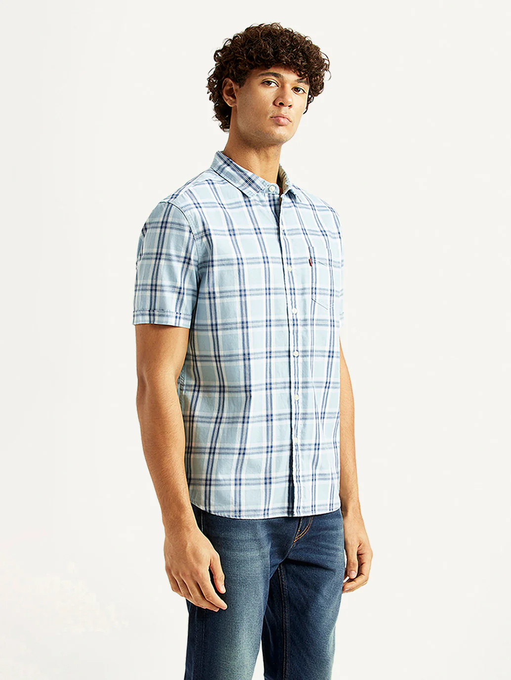 Men's Checkered Light Blue Slim Fit Shirt - Image 4