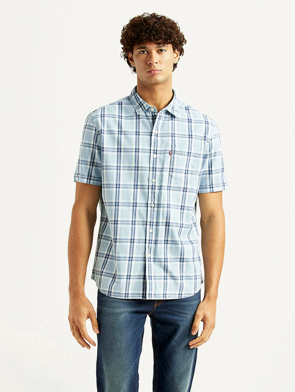 Men's Checkered Light Blue Slim Fit Shirt - Image 5