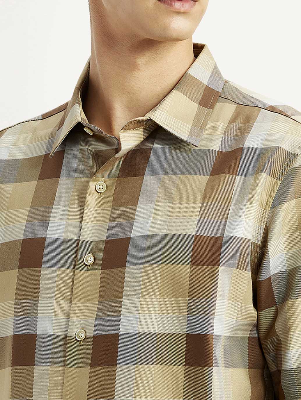 Men's Checkered Light Brown Slim Fit Shirt - Image 3