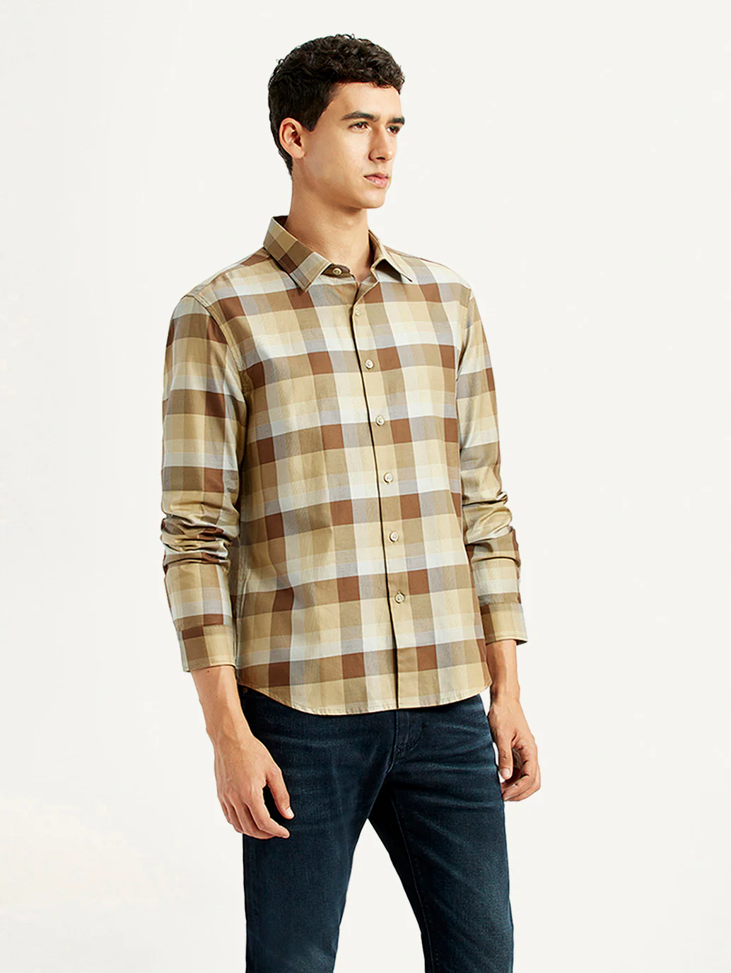 Men's Checkered Light Brown Slim Fit Shirt - Image 4