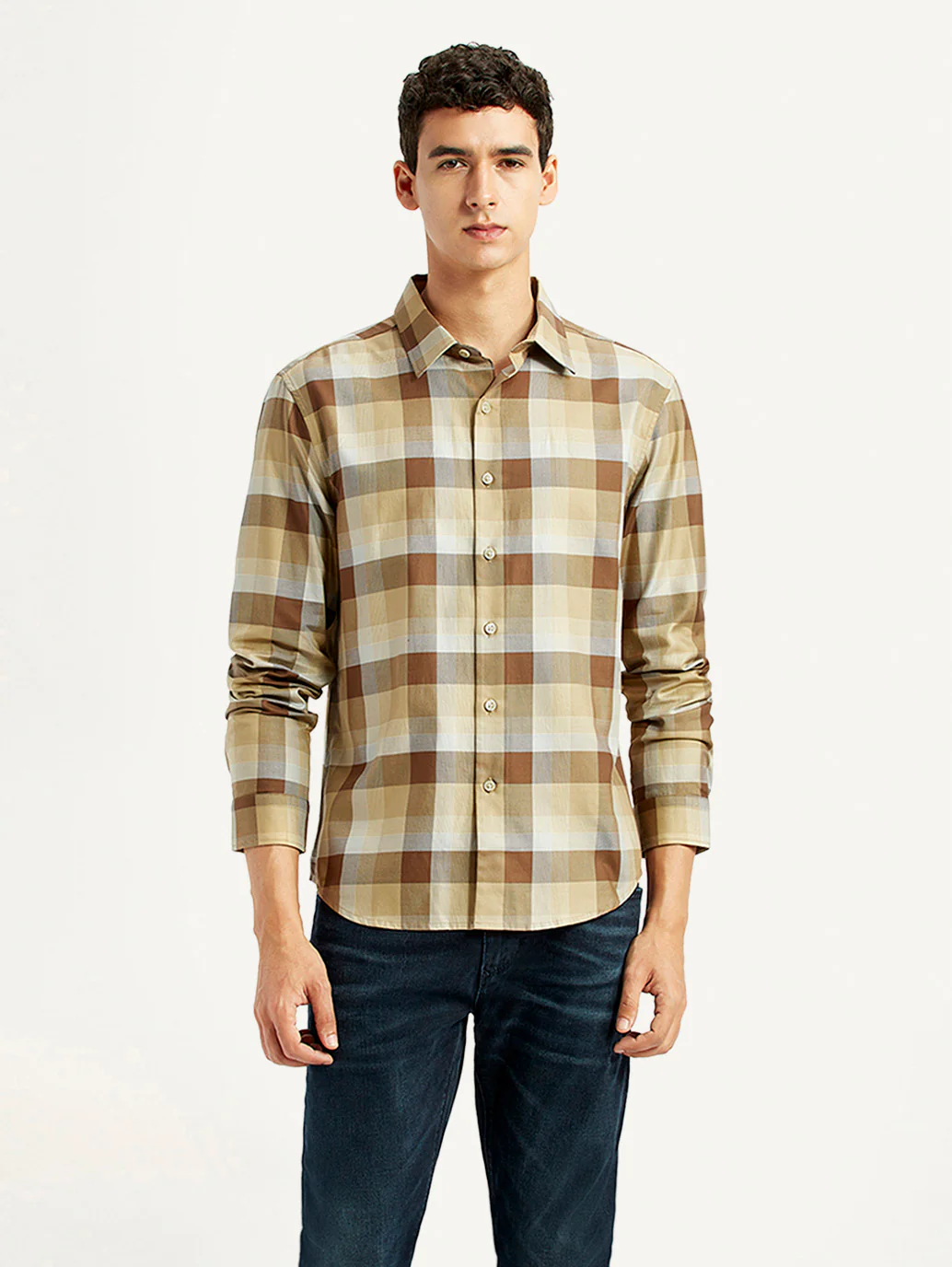 Men's Checkered Light Brown Slim Fit Shirt - Image 5