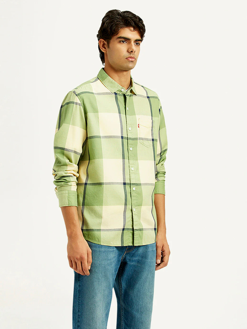 Men's Checkered Light Green Slim Fit Shirt - Image 3