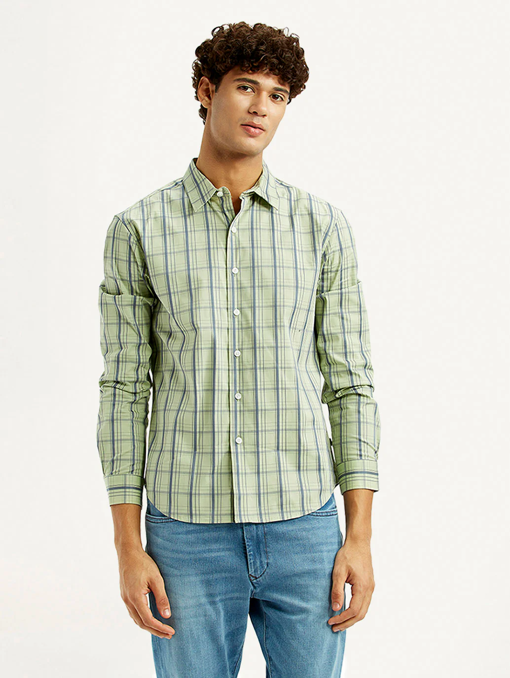 Men's Checkered Light Green Slim Fit Shirt - Image 2