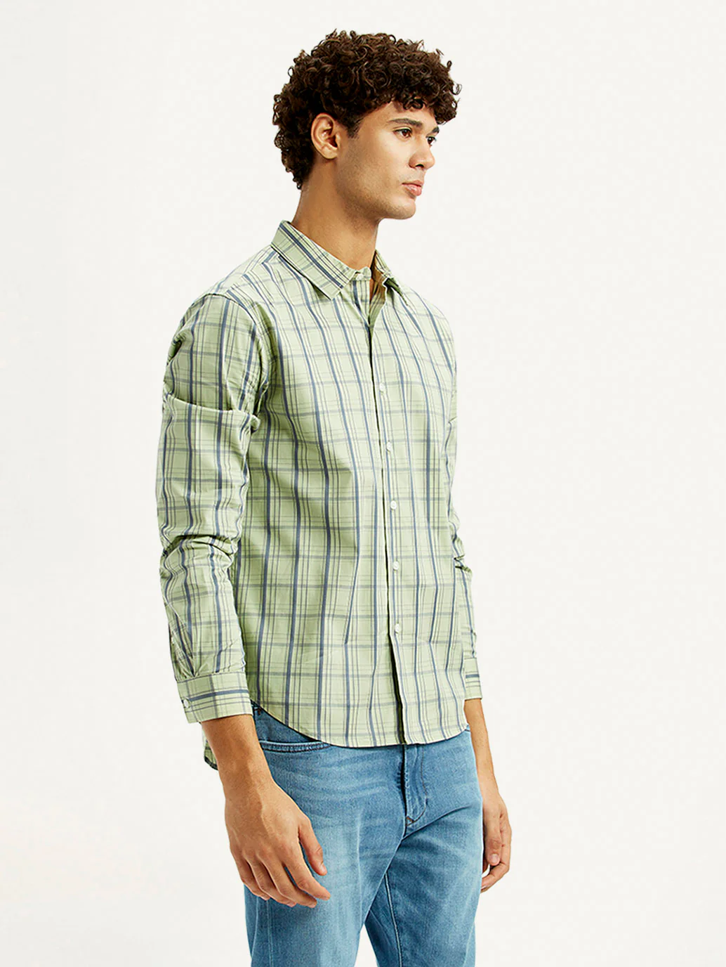 Men's Checkered Light Green Slim Fit Shirt - Image 4