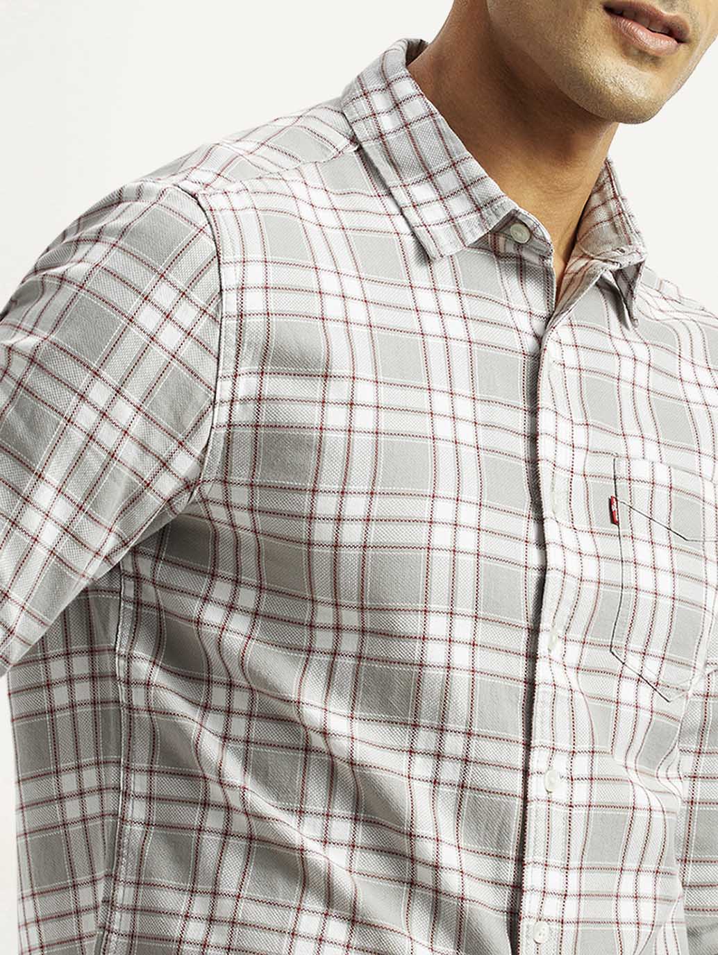 Men's Checkered Light Grey Slim Fit Shirt - Image 4