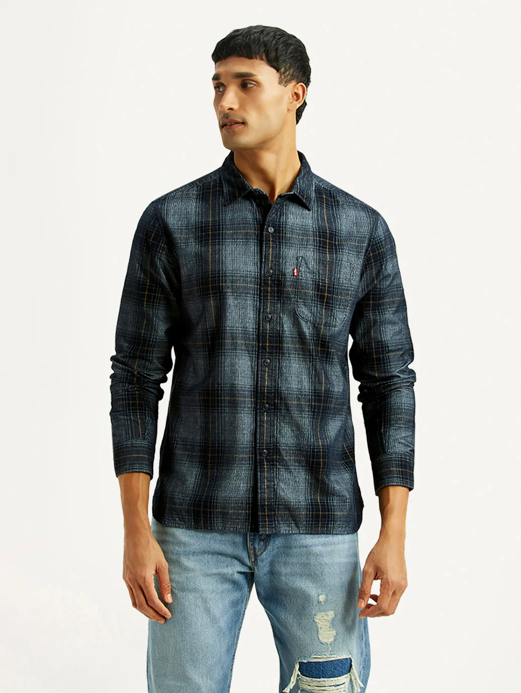 Men's Checkered Blue Slim Fit Corduroy Shirt - Image 5