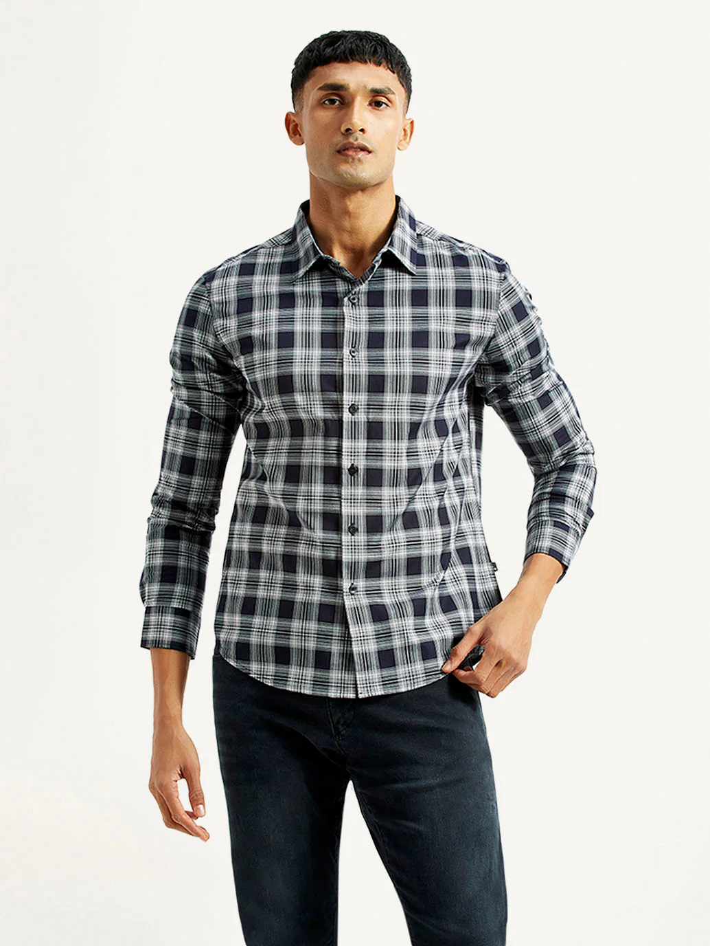 Men's Checkered Navy Slim Fit Shirt - Image 2