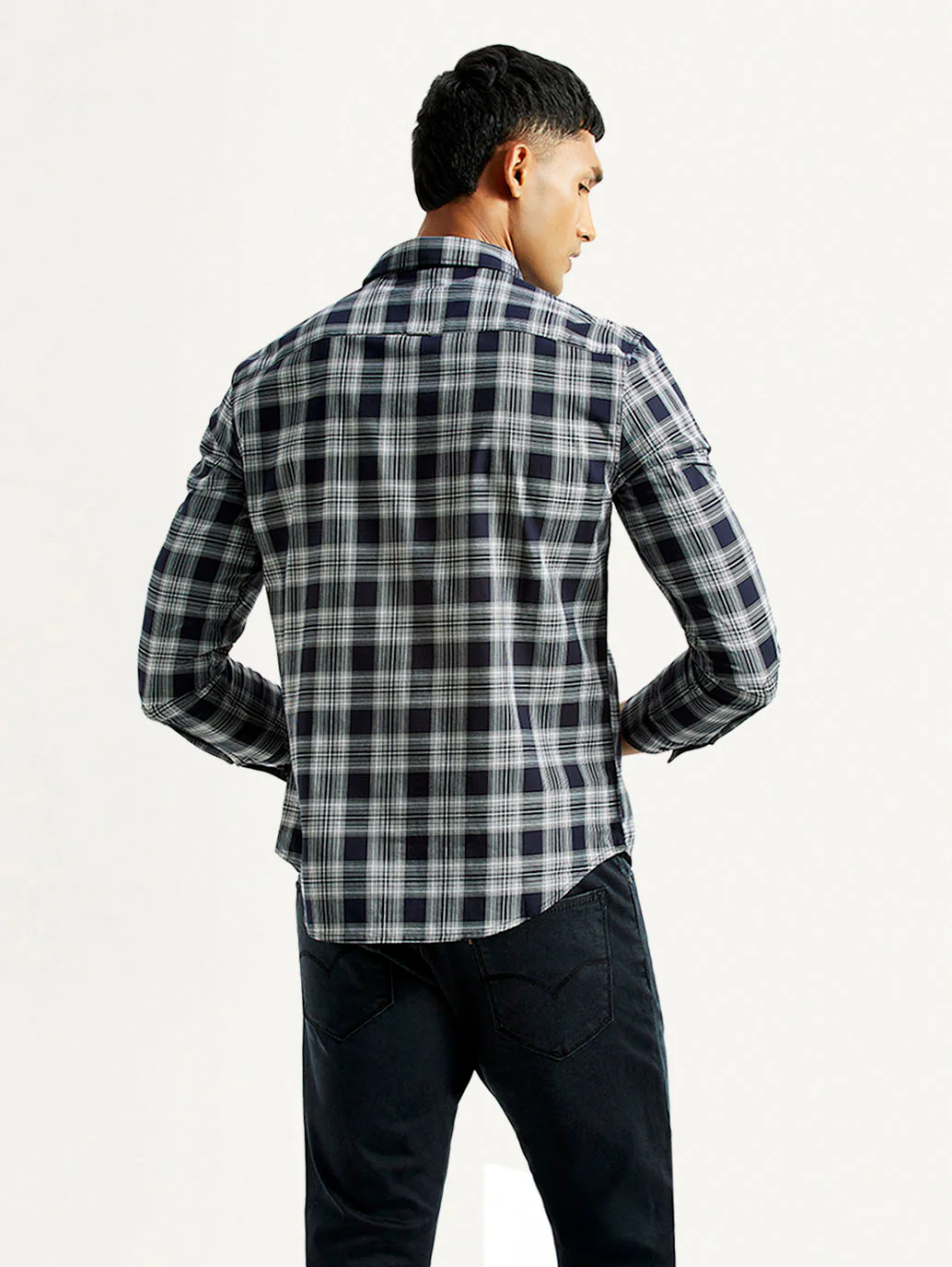 Men's Checkered Navy Slim Fit Shirt - Image 3