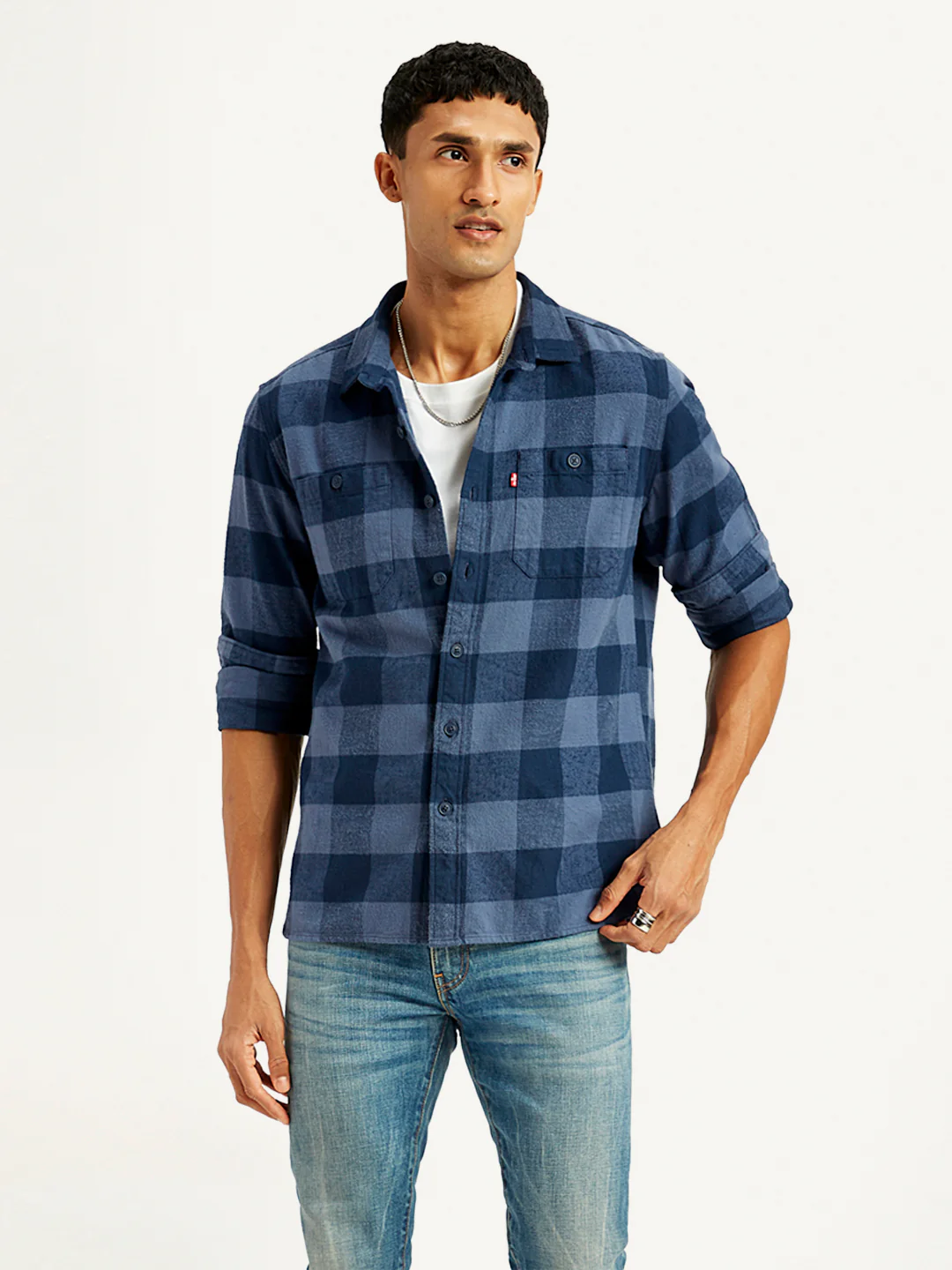Men's Checkered Navy Spread Collar Shacket