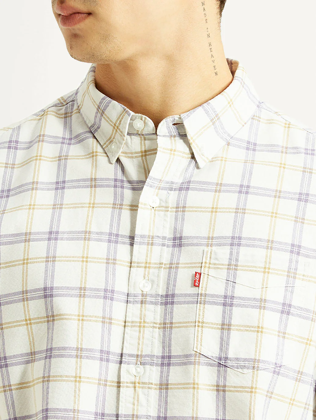Men's Checkered Off-White Slim Fit Oxford Shirt - Image 4