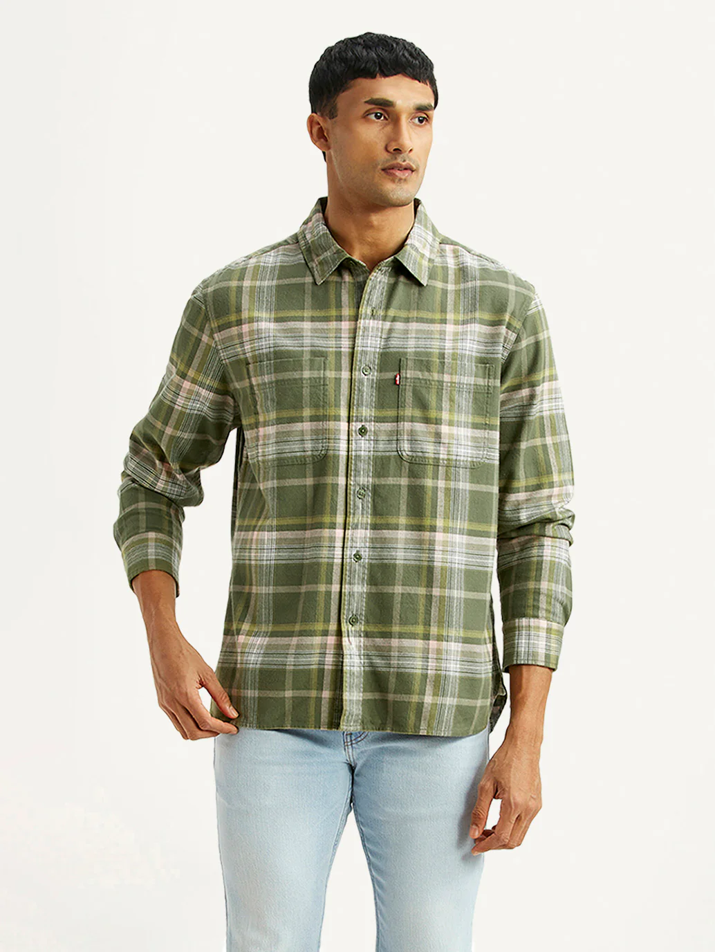 Men's Checkered Olive Relaxed Fit Flannel Shirt