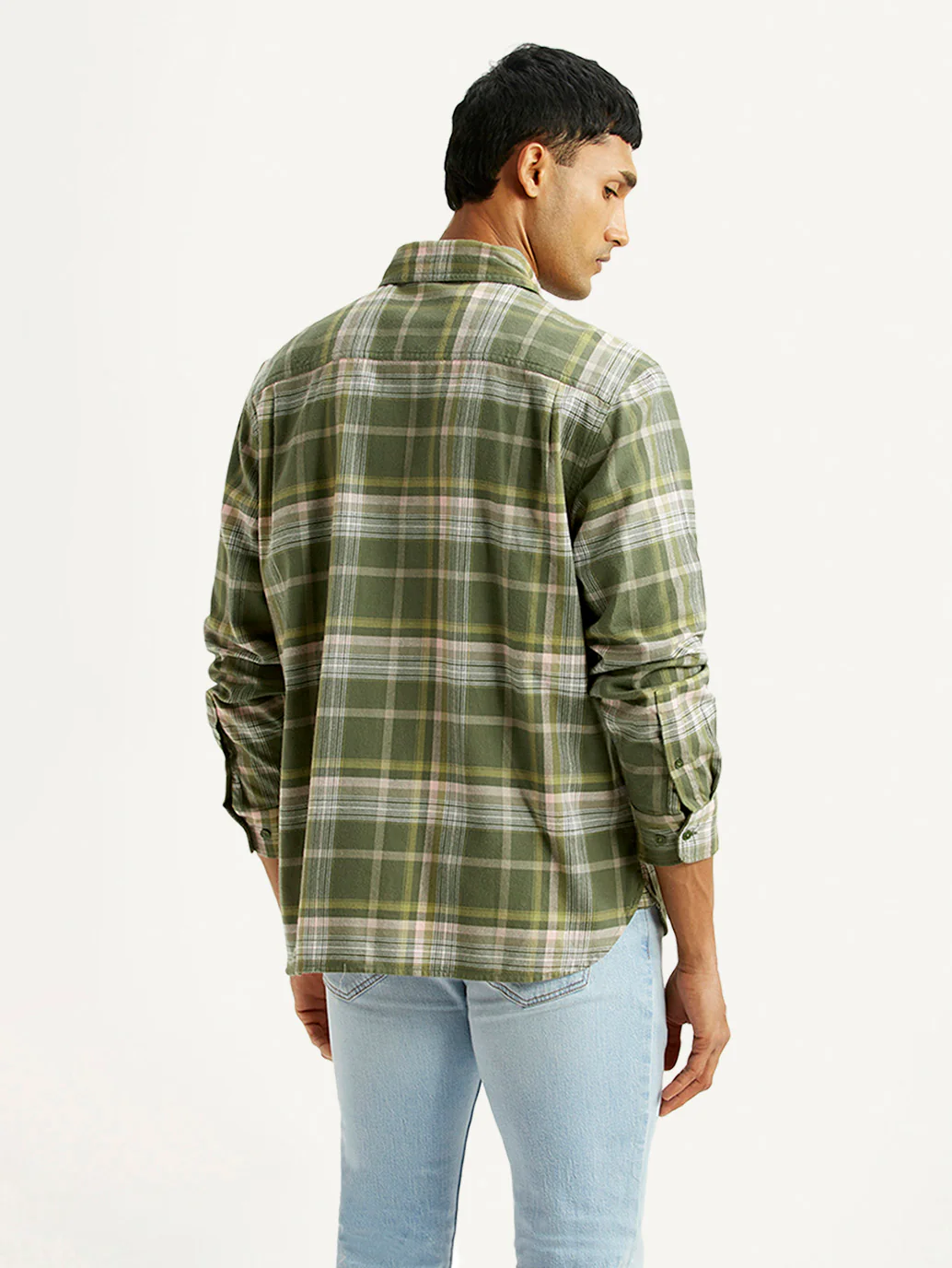 Men's Checkered Olive Relaxed Fit Flannel Shirt - Image 2