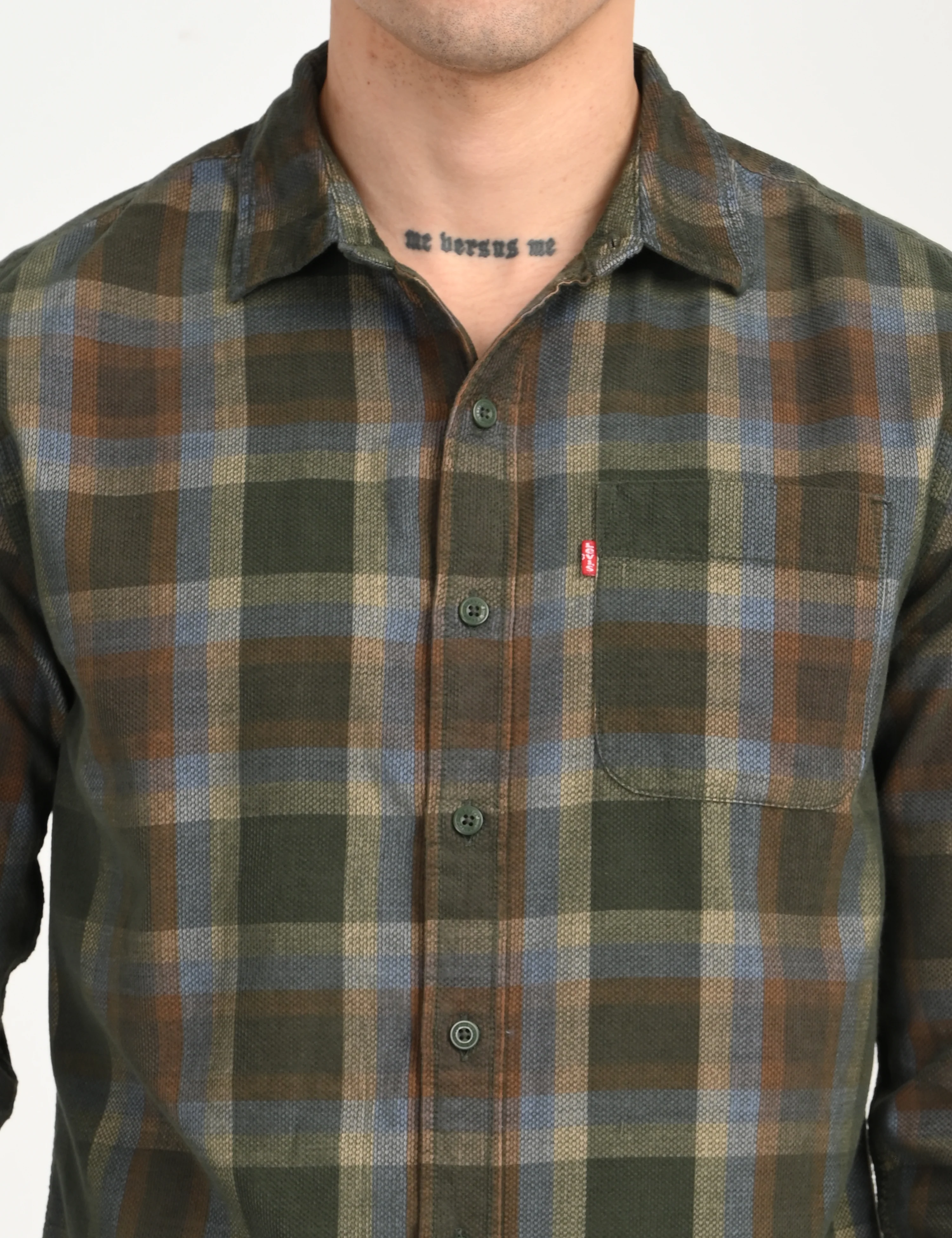 Men's Checkered Olive Slim Fit Corduroy Shirt - Image 4