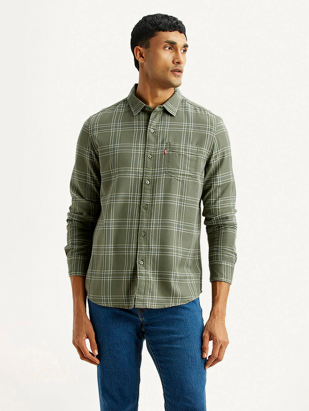 Men's Checkered Olive Slim Fit Shirt - Image 3