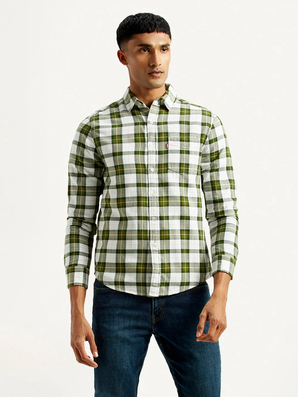 Men's Checkered Olive Slim Fit Shirt - Image 2