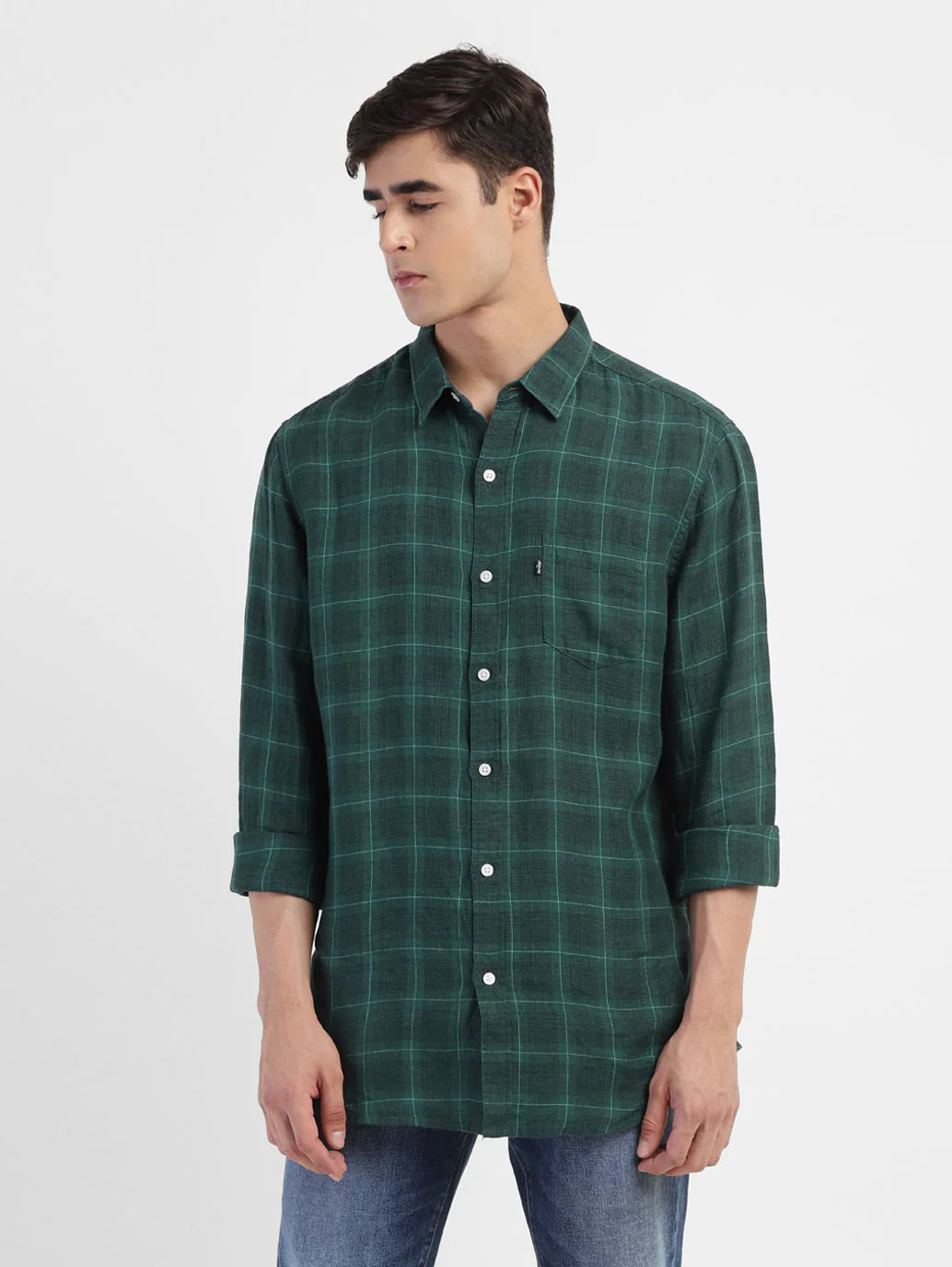 Men's Checkered Spread Collar Linen Shirt - Image 2