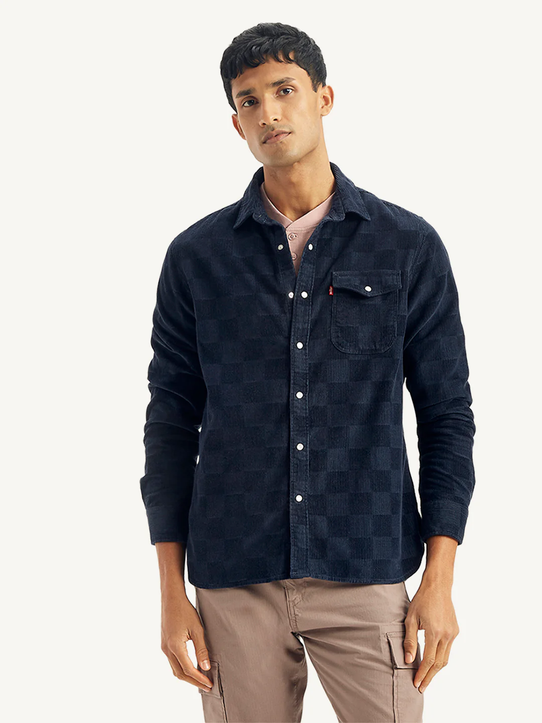 Men's Checkered Spread Collar Denim Shirt - Image 2