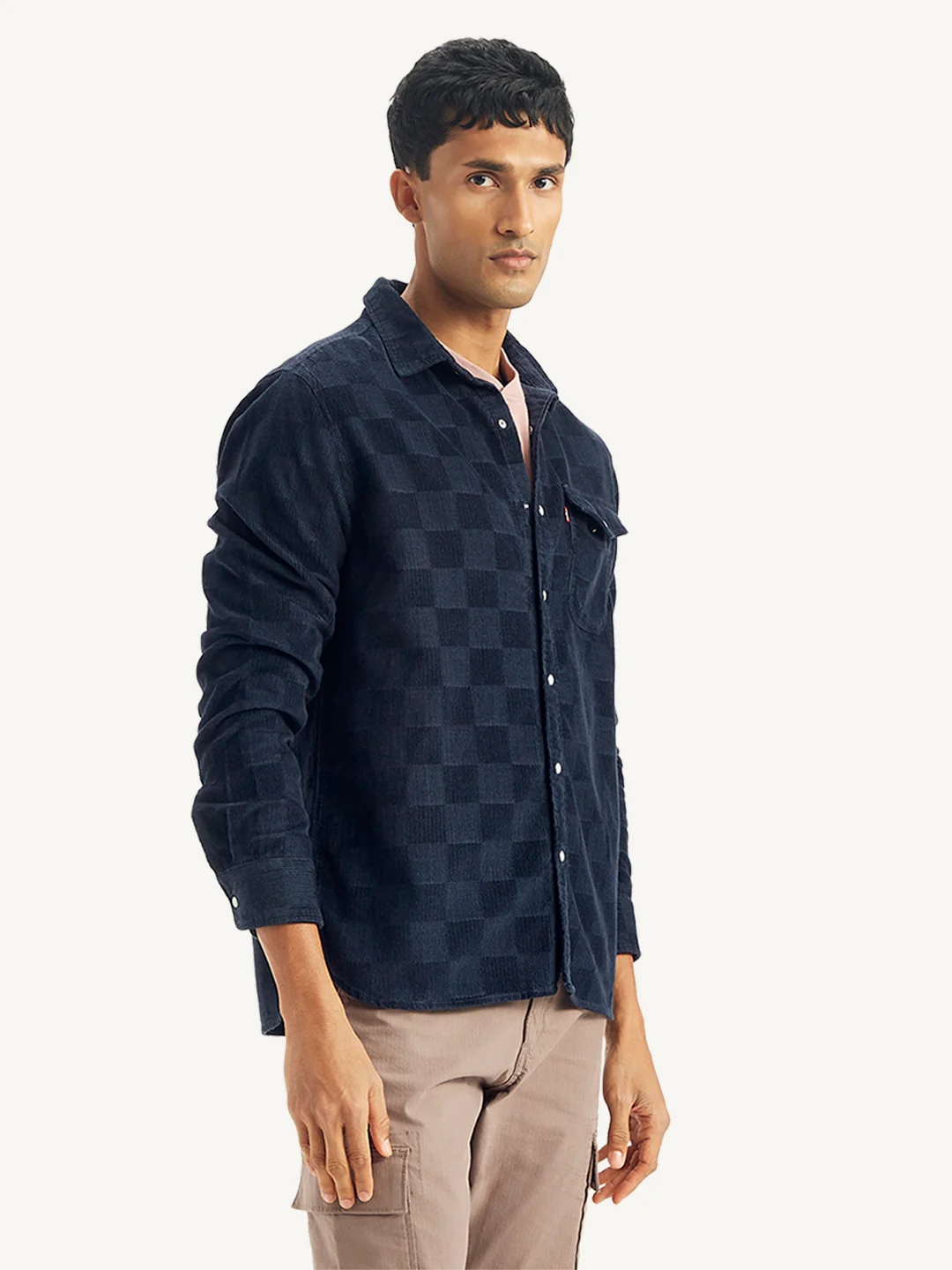 Men's Checkered Spread Collar Denim Shirt - Image 4