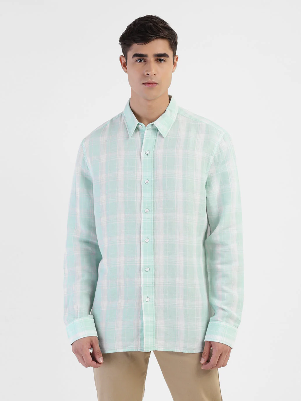 Men's Checkered Spread Collar Linen Shirt Blue - Image 2