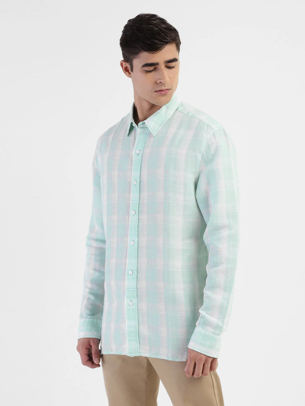Men's Checkered Spread Collar Linen Shirt Blue - Image 4