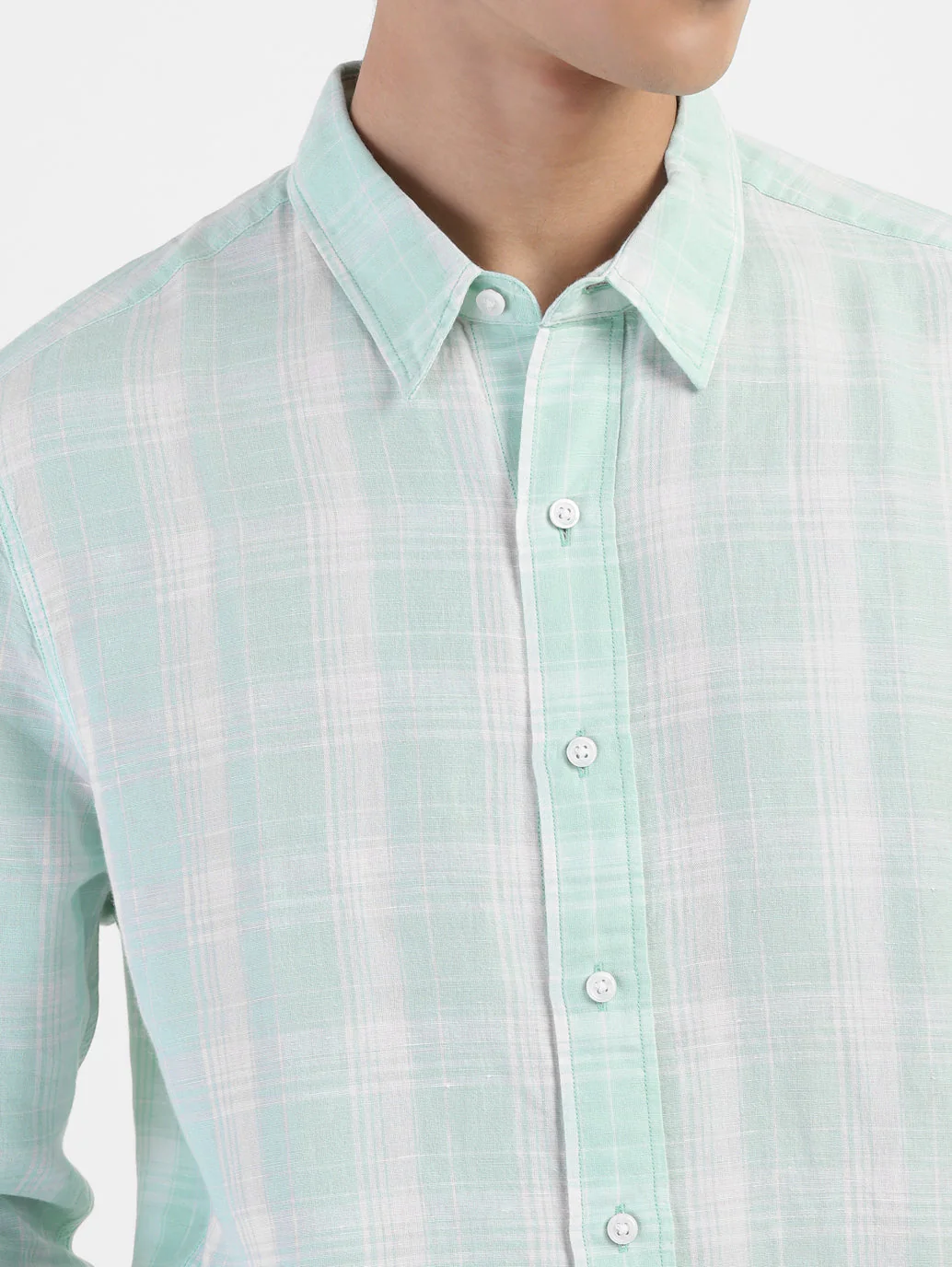 Men's Checkered Spread Collar Linen Shirt Blue - Image 6