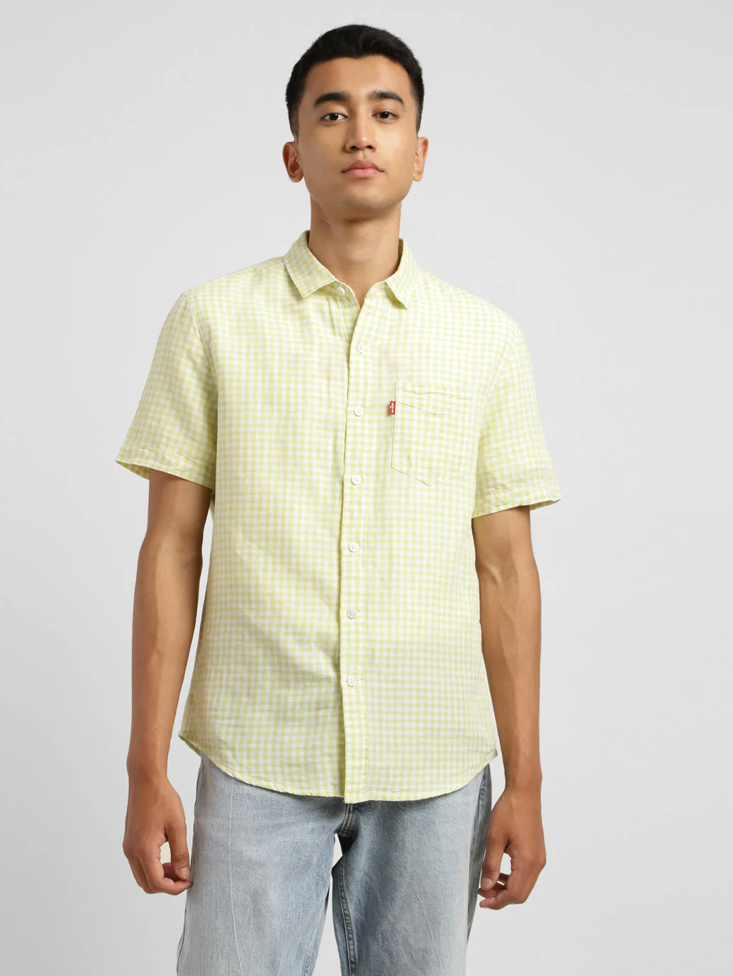 Men's Checkered Spread Collar Linen Shirt Green - Image 2