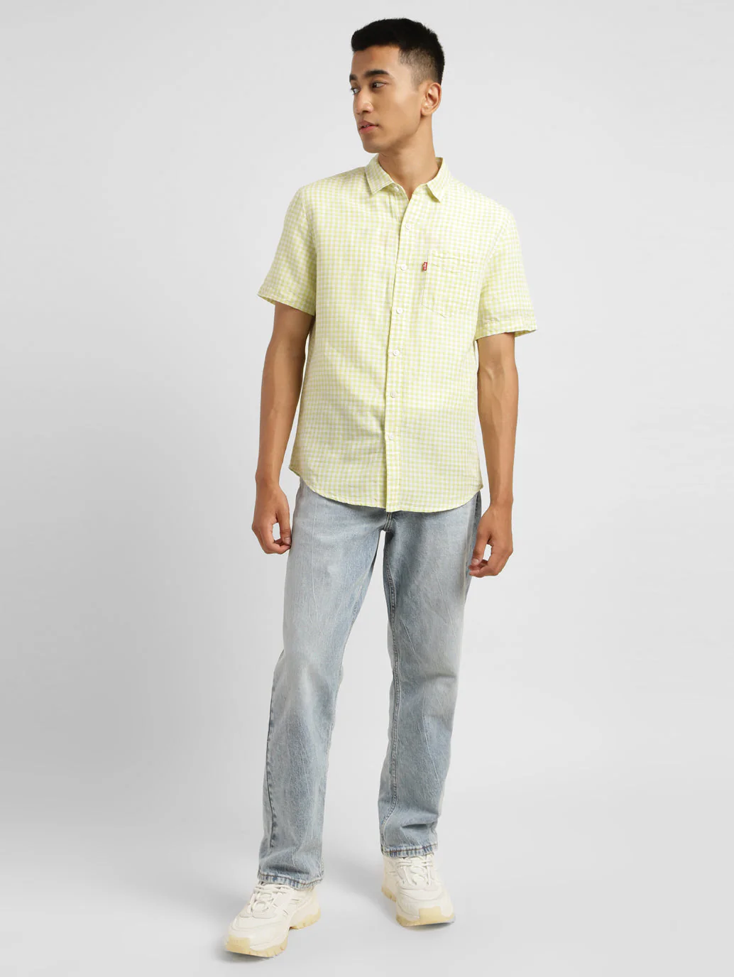 Men's Checkered Spread Collar Linen Shirt Green - Image 5