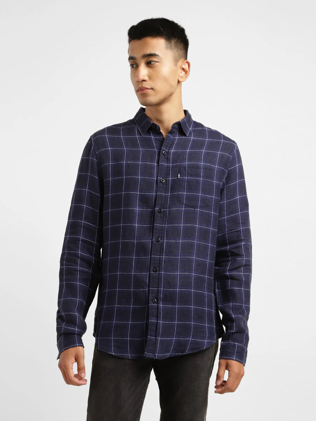 Men's Checkered Spread Collar Linen Shirt Purple - Image 2