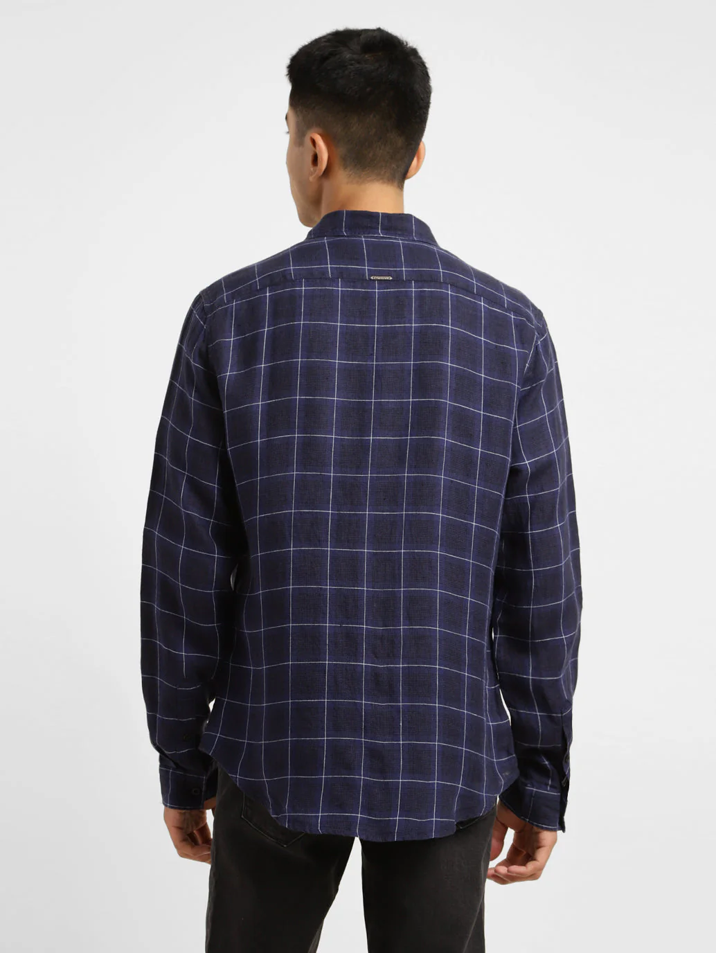 Men's Checkered Spread Collar Linen Shirt Purple - Image 3