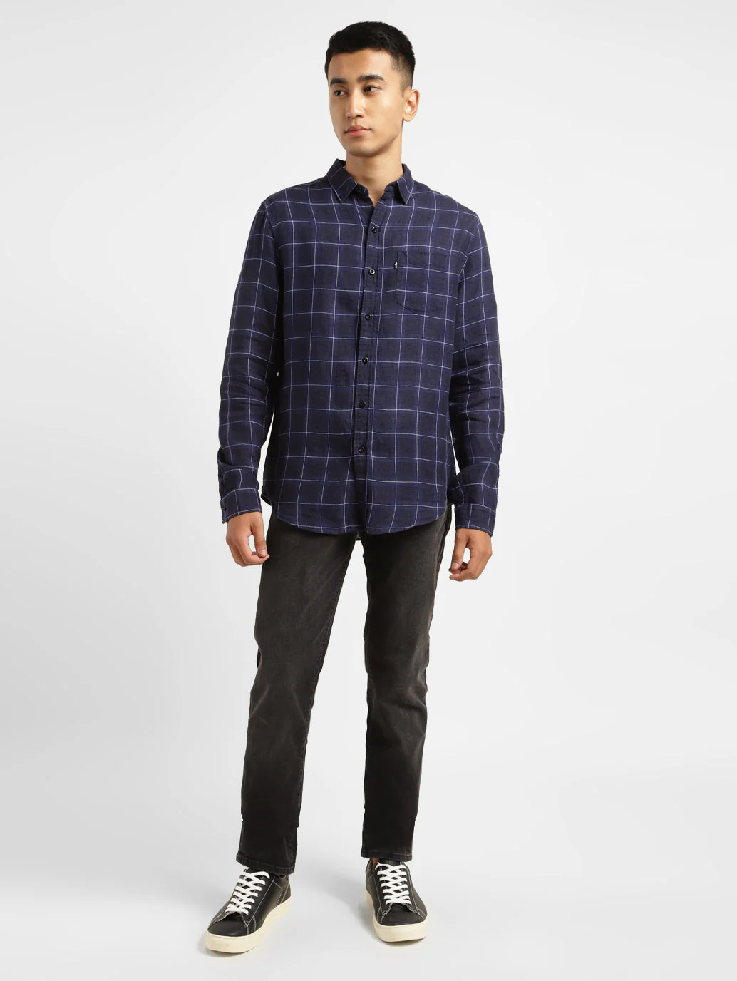 Men's Checkered Spread Collar Linen Shirt Purple - Image 5
