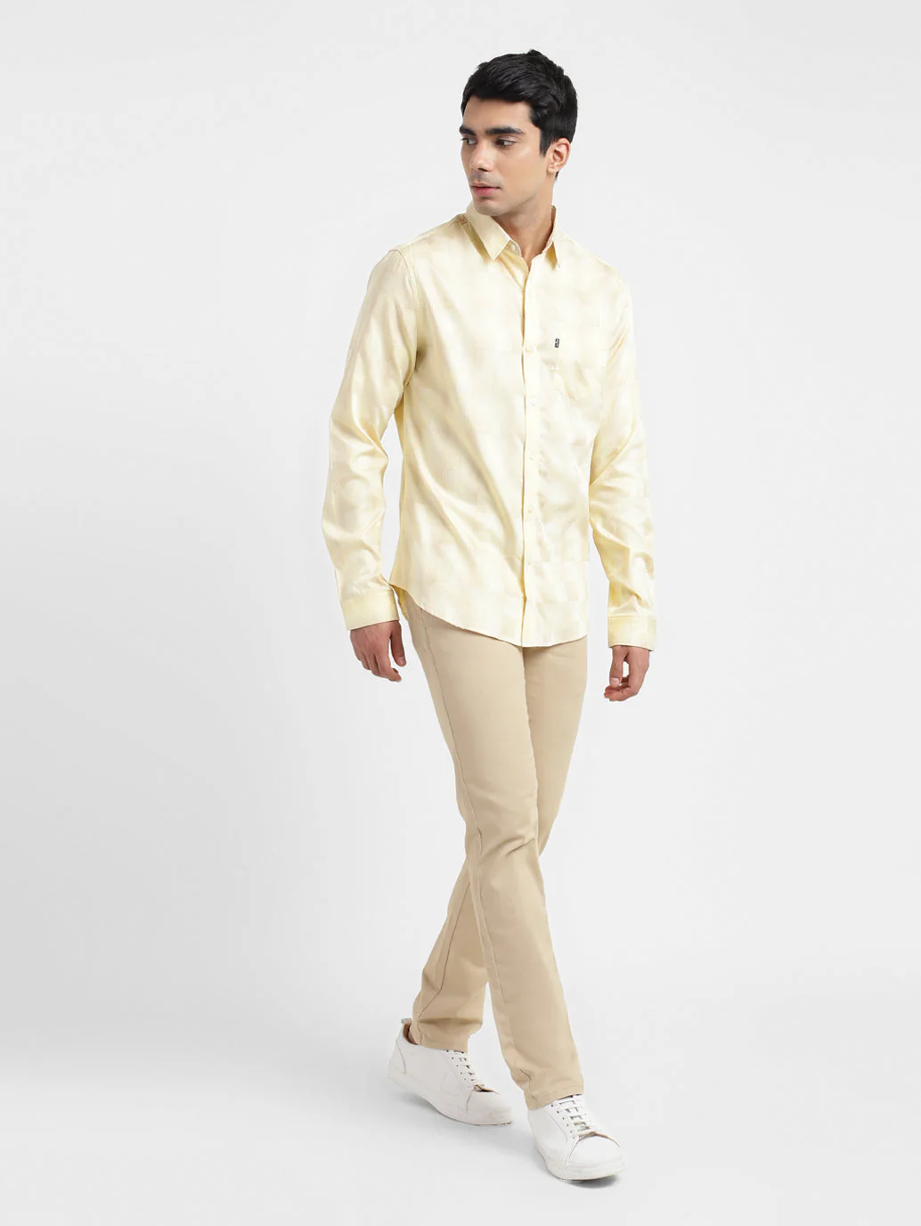 Men's Checkered Spread Collar Shirt Beige - Image 2