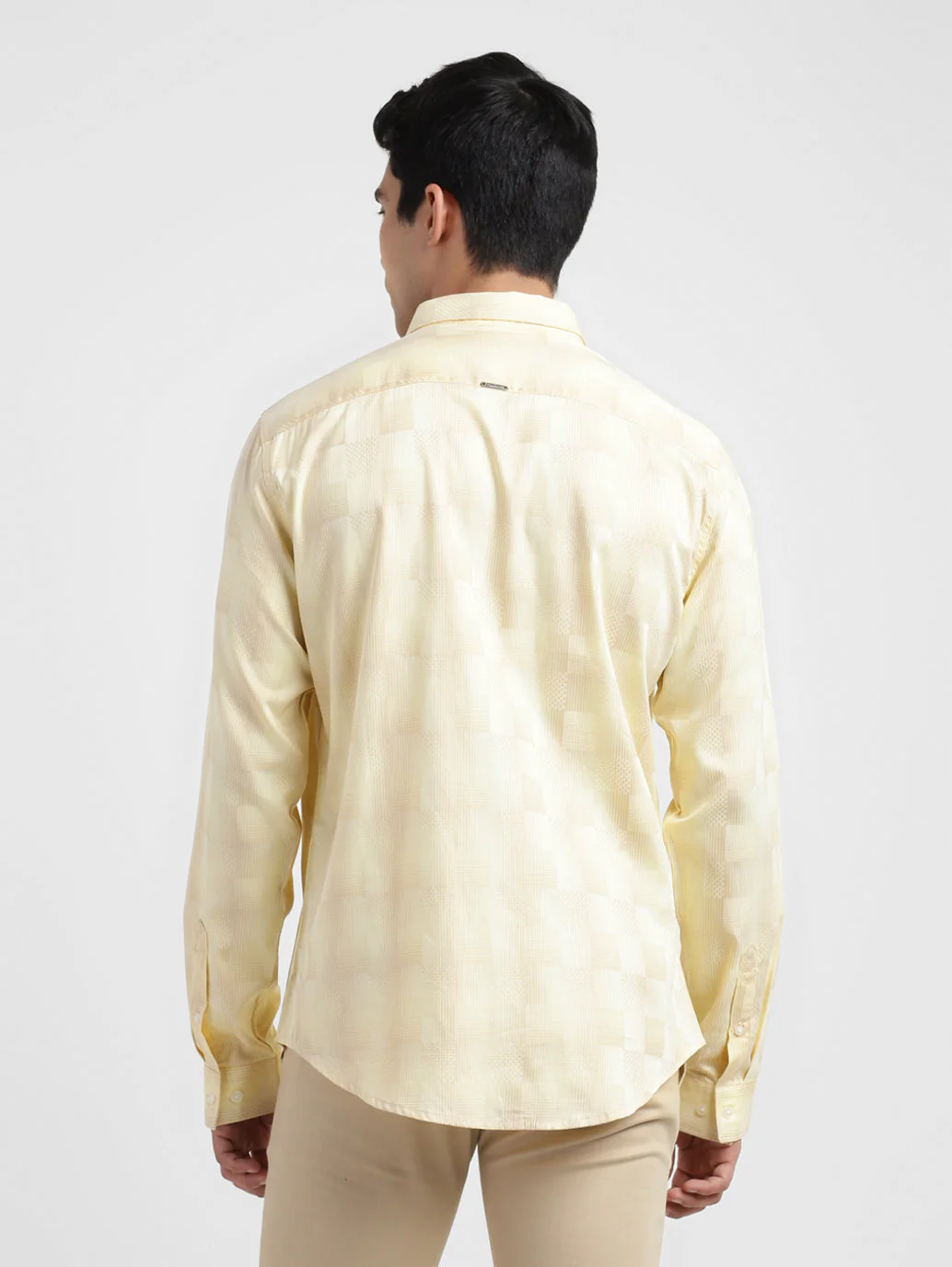 Men's Checkered Spread Collar Shirt Beige - Image 3