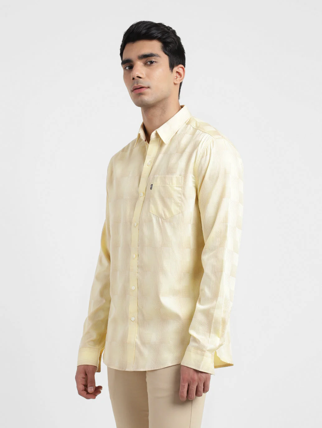 Men's Checkered Spread Collar Shirt Beige - Image 4
