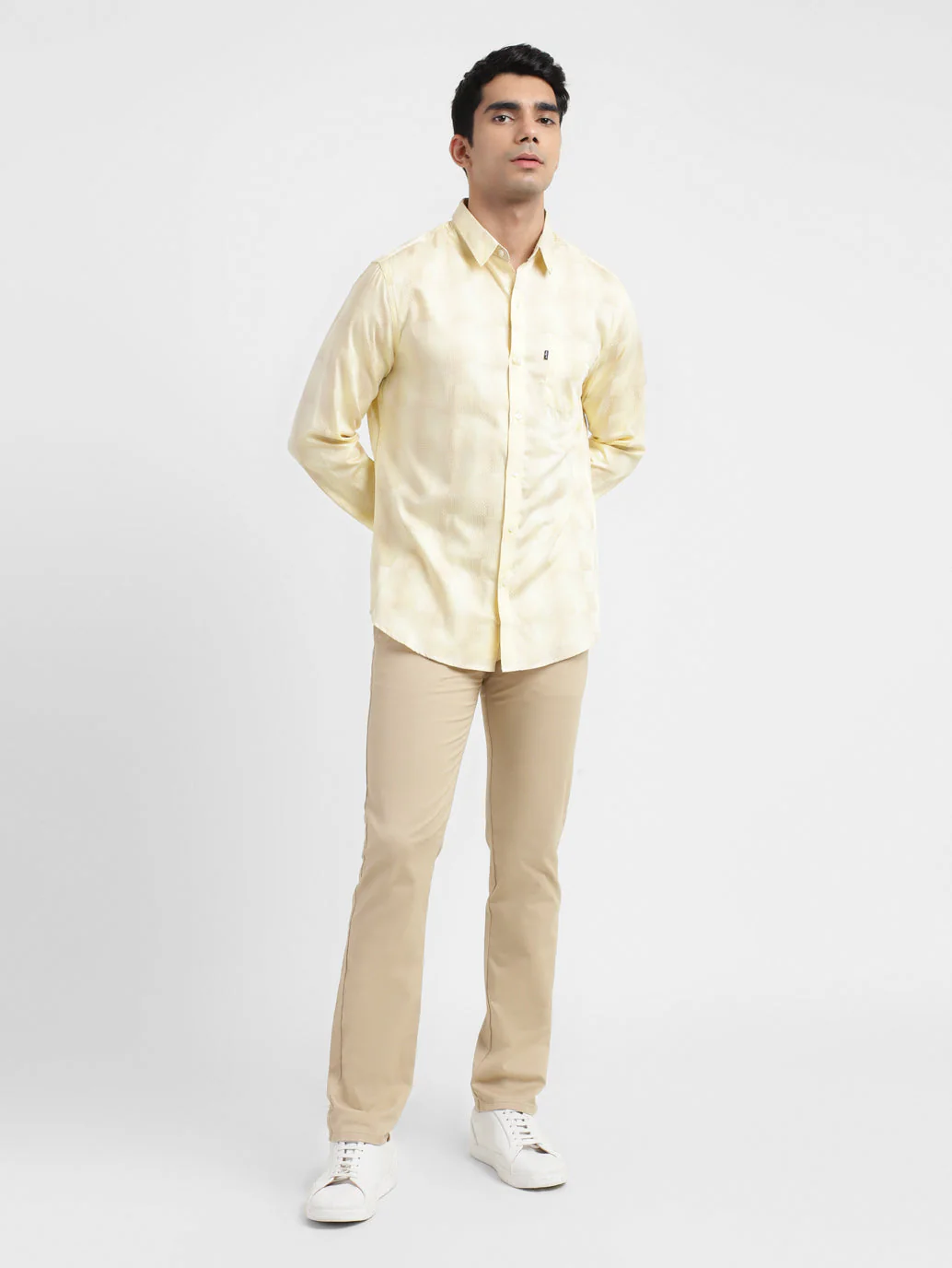 Men's Checkered Spread Collar Shirt Beige - Image 6