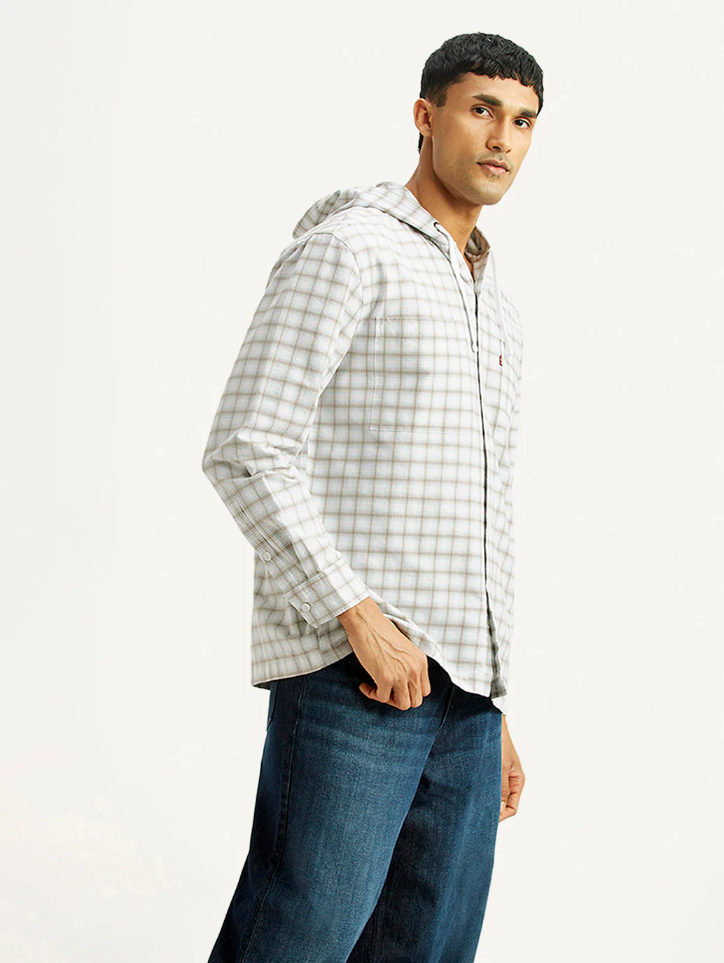 Men's Checkered White Relaxed Fit Hooded Oxford Overshirt - Image 3