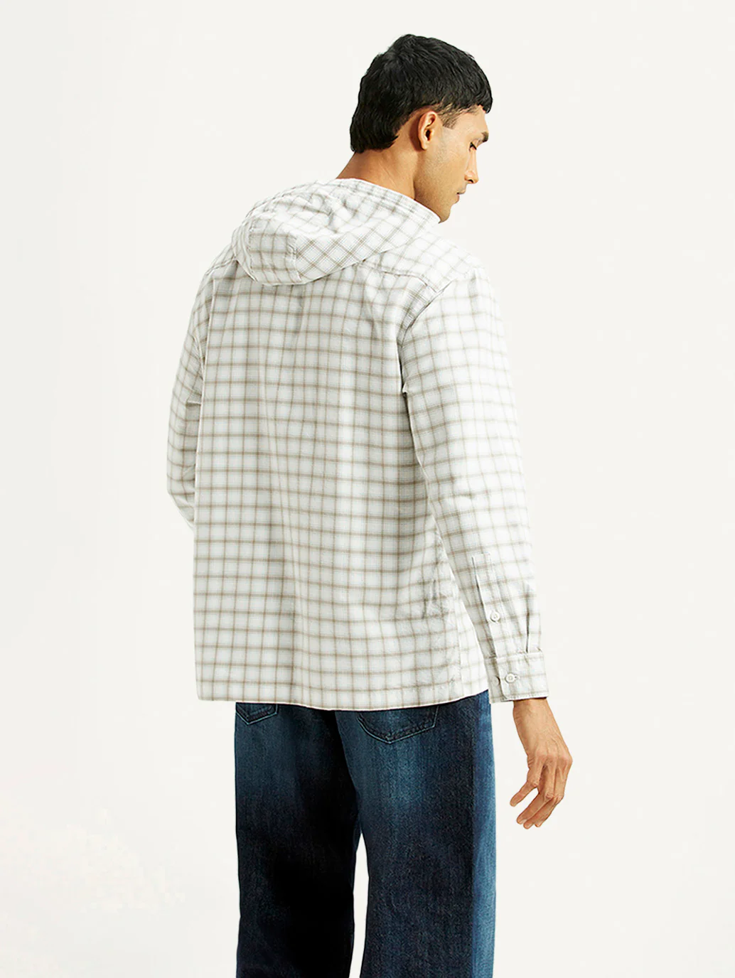 Men's Checkered White Relaxed Fit Hooded Oxford Overshirt - Image 4