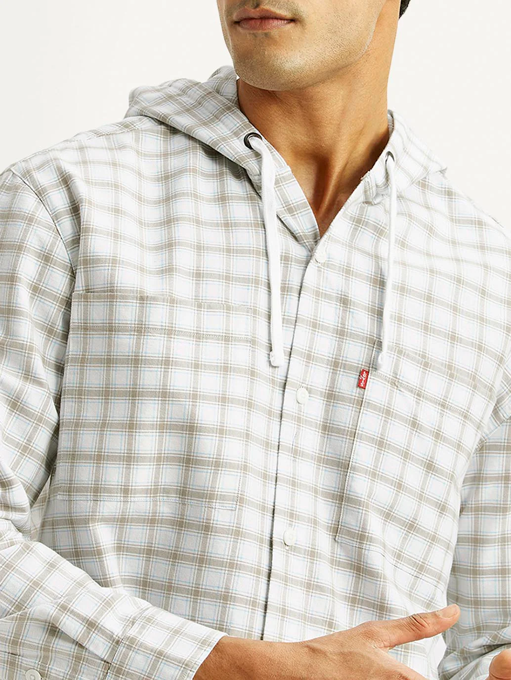 Men's Checkered White Relaxed Fit Hooded Oxford Overshirt - Image 5