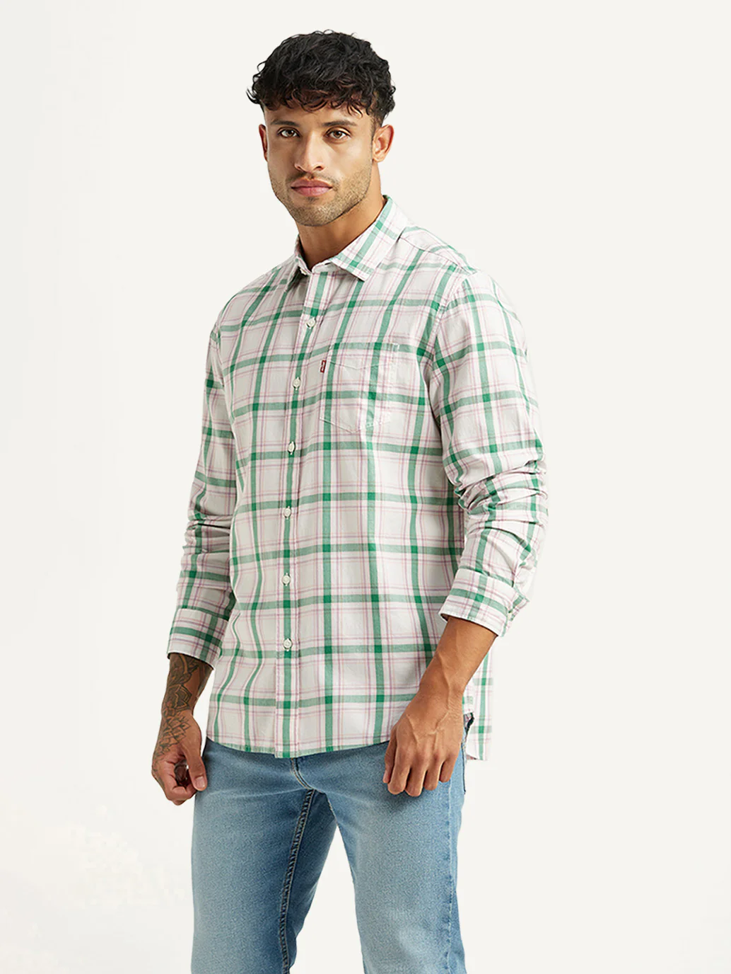 Men's Checkered White Slim Fit Shirt - Image 4