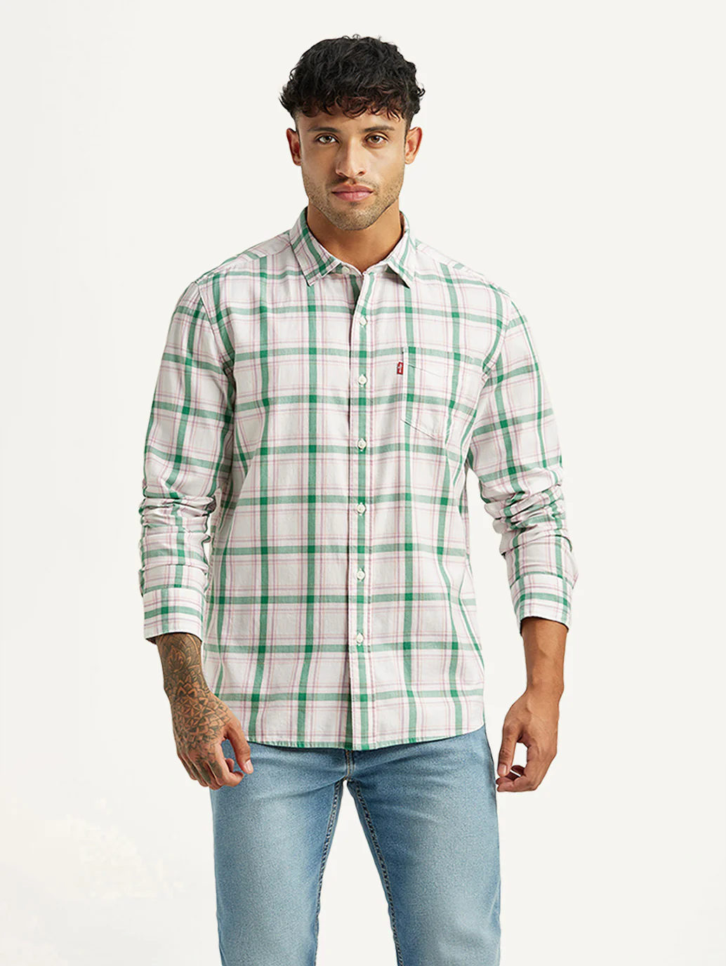 Men's Checkered White Slim Fit Shirt - Image 5