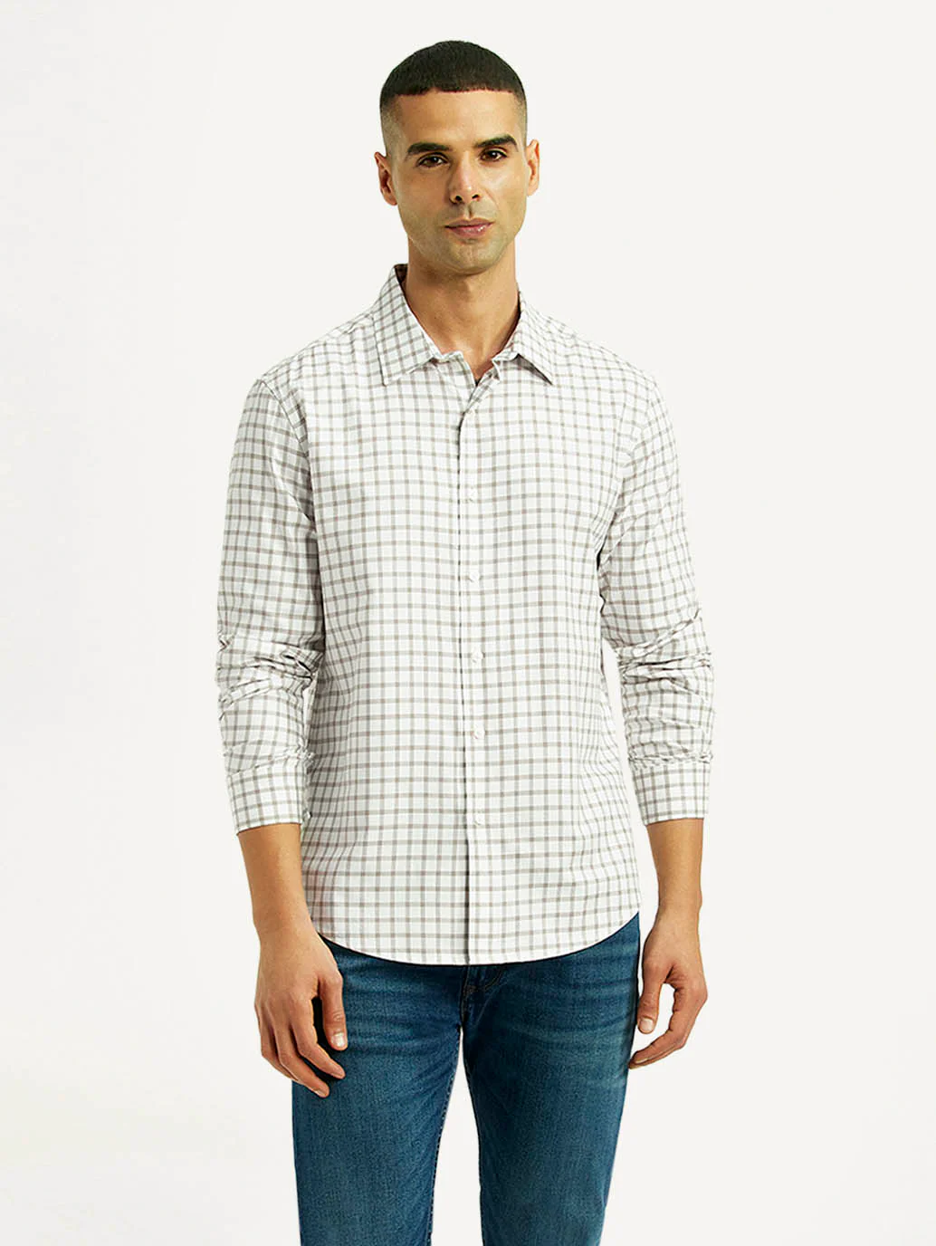 Men's Checkered White Slim Fit Shirt - Image 2