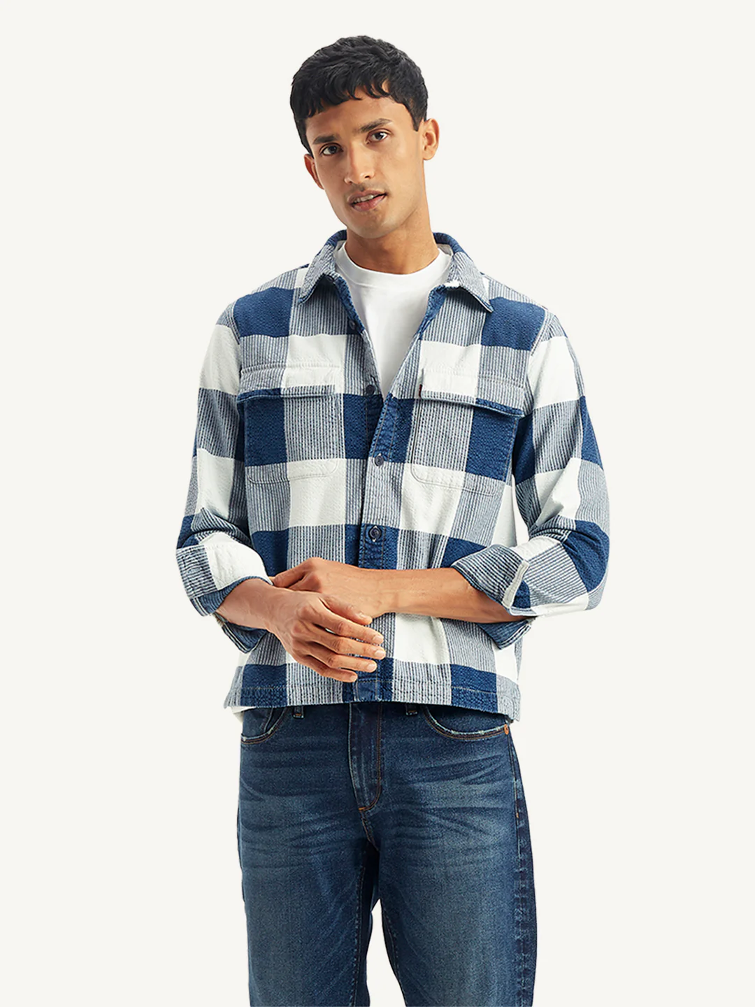 Men's Checkered White Spread Collar Shacket - Image 5