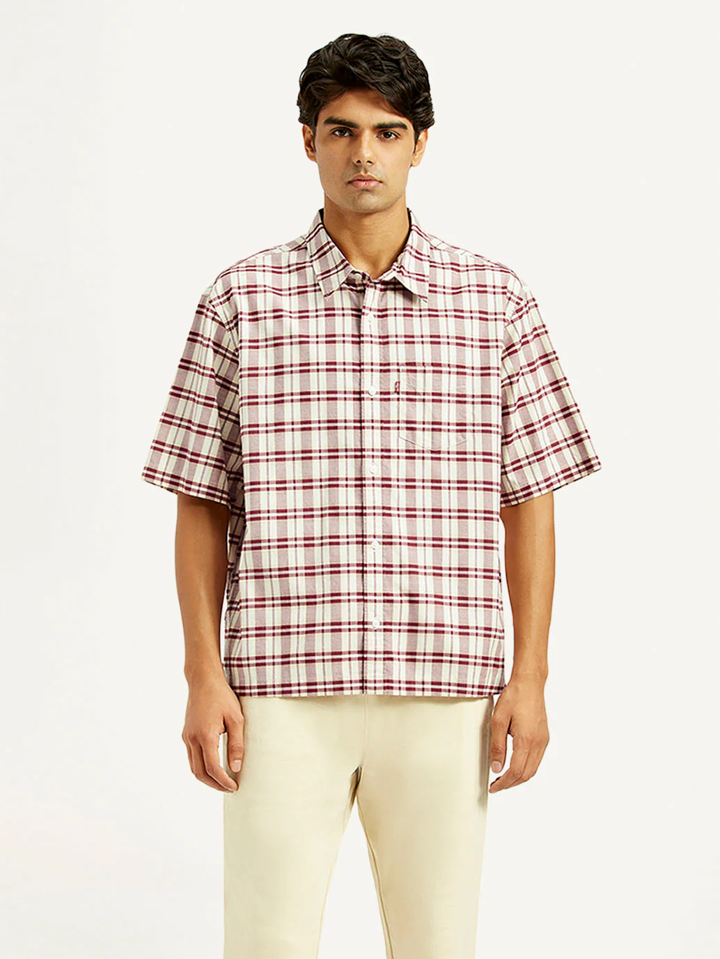Men's Checkered White Spread Collar Shirt - Image 2