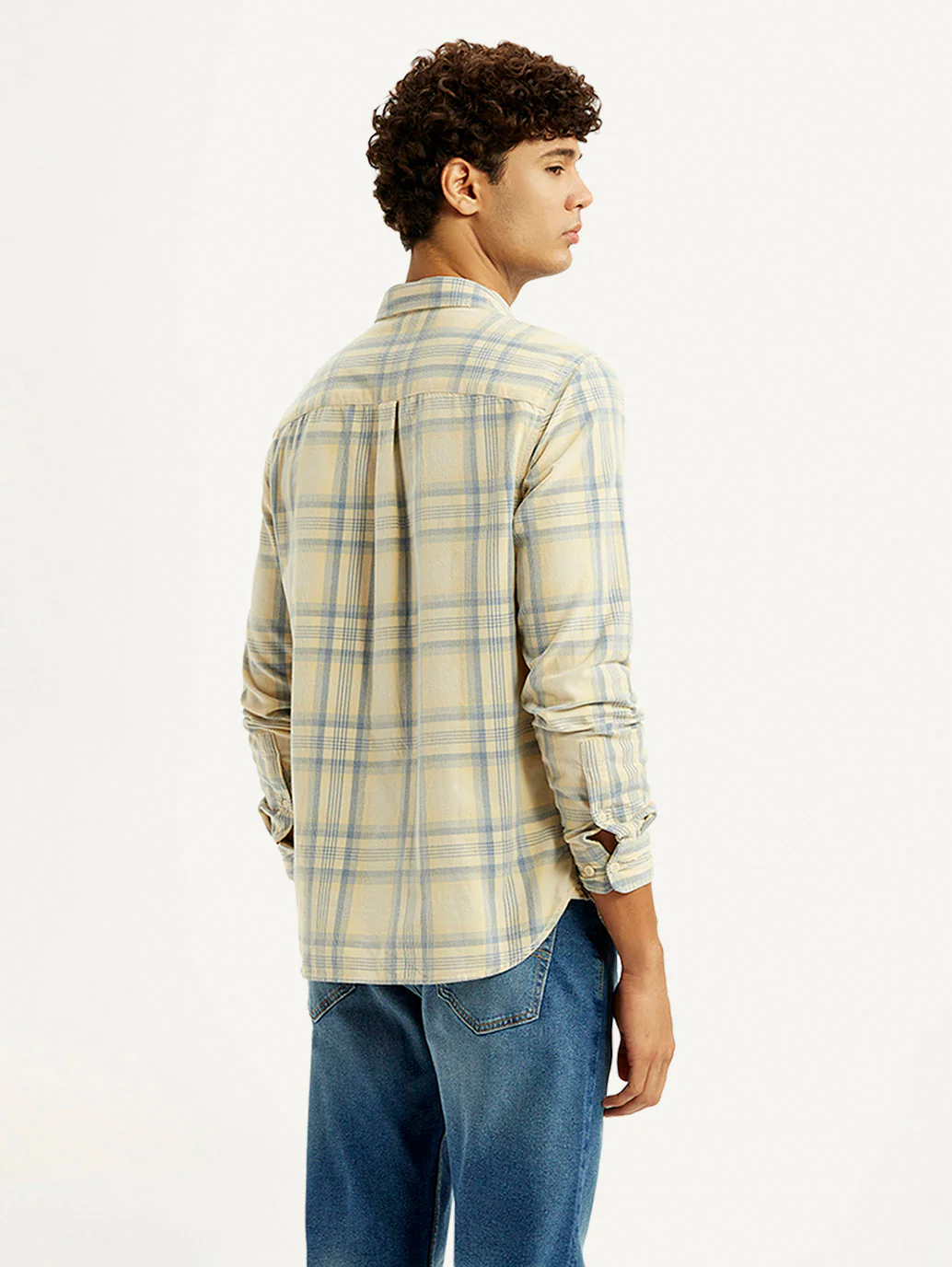 Men's Checkered Light Yellow Slim Fit Corduroy Shirt - Image 2
