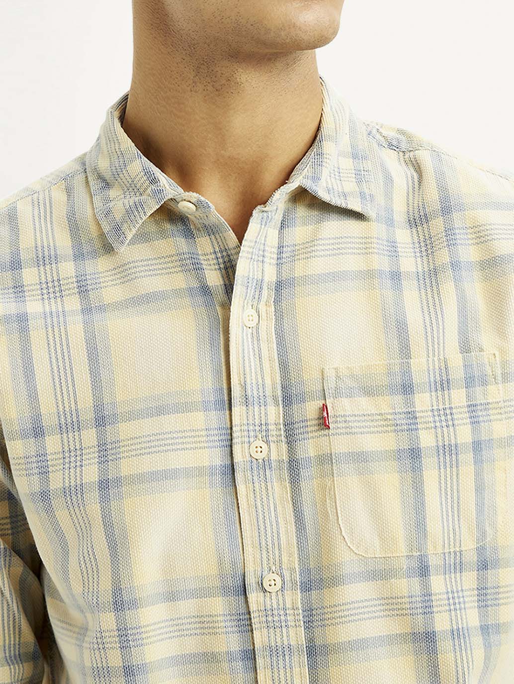 Men's Checkered Light Yellow Slim Fit Corduroy Shirt - Image 3