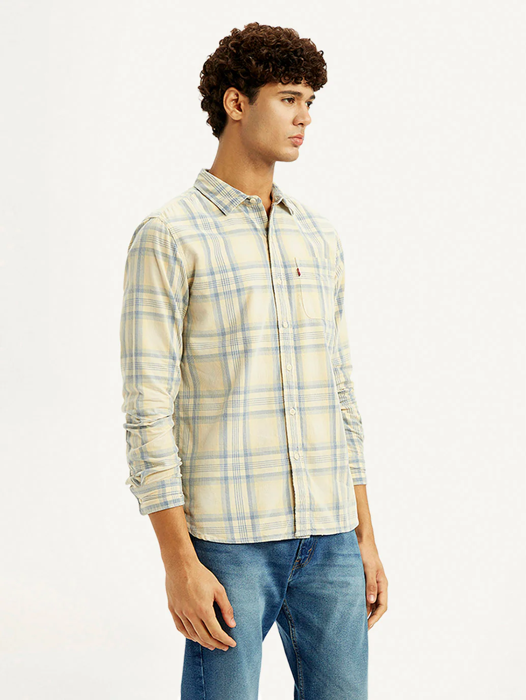 Men's Checkered Light Yellow Slim Fit Corduroy Shirt - Image 4