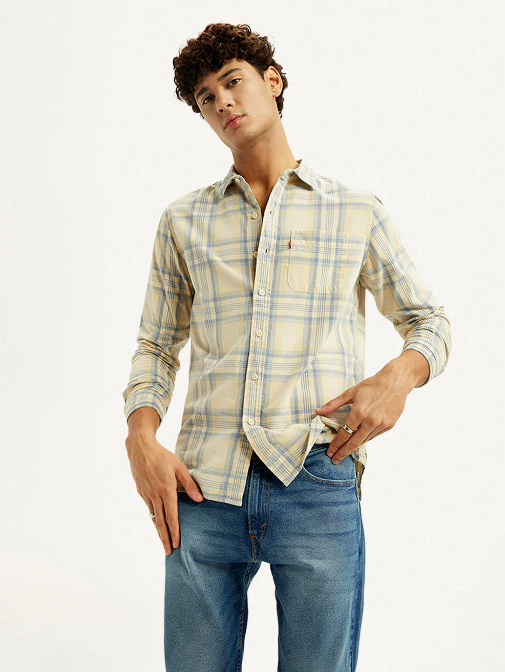 Men's Checkered Light Yellow Slim Fit Corduroy Shirt - Image 5
