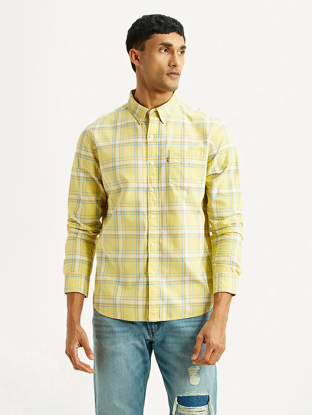 Men's Checkered Yellow Slim Fit Oxford Shirt