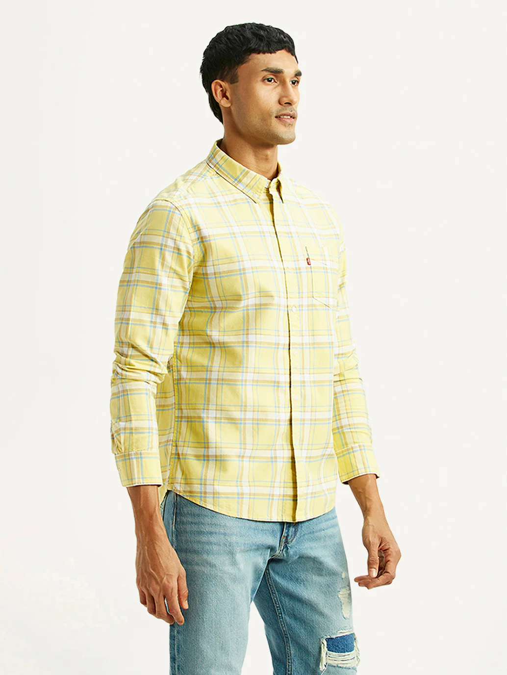 Men's Checkered Yellow Slim Fit Oxford Shirt - Image 3